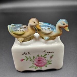 Vintage Ceramic Nodder Duck Salt and Pepper Shakers Rose Floral Design Floral